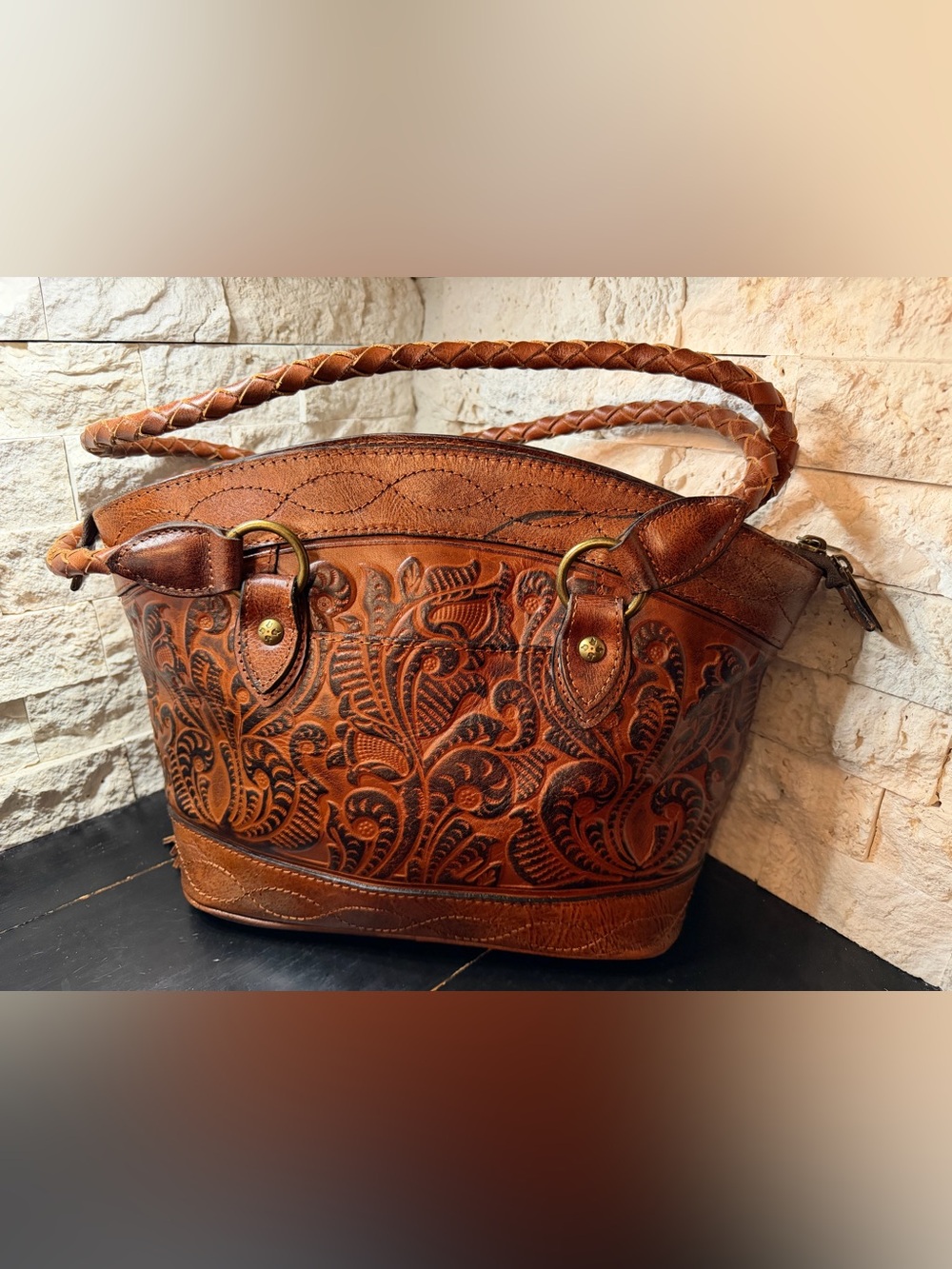 Patricia Nash Zorita Satchel Floral Tooling Triple Compartment Leather Bag - Picture 6 of 16